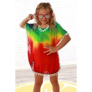 NWT Stella Cove Girls Color-burst Pom Pom Swim suit Cover up Poncho. Size 14.